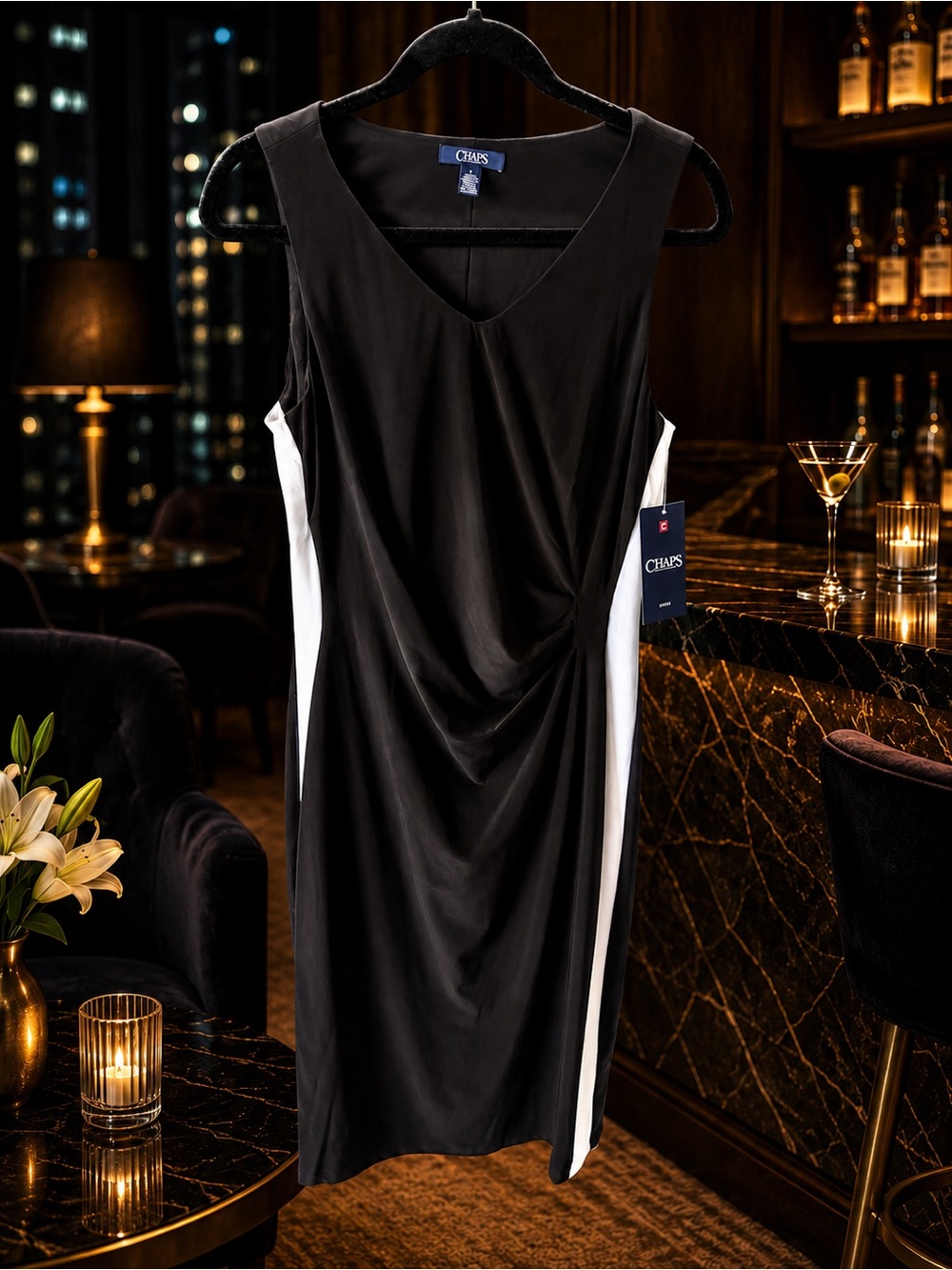 NWT CHAPS Black White Ruched Sheath Dress Size M